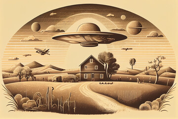 A vintage-style illustration of a UFO spaceship hovering over a rustic farm, reminiscent of early 1900s photographs, generative ai