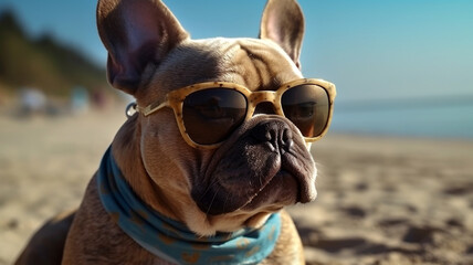 Portrait of a French bulldog with sunglasses near the sea, Generated AI