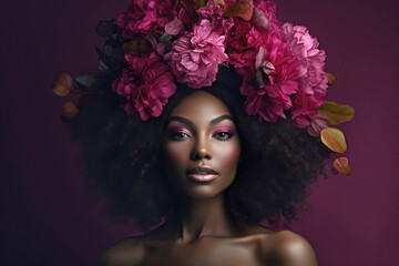 Close-up portrait captures a beautiful young black woman adorned with a flower crown, radiating glamour in bold colorism style. Generative AI