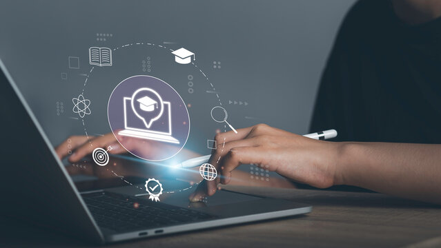 Course education online or E-learning concept. Graduate certificate coaching program Study or teaching by video, Virtual Show graduation hat icon, Digital courses develop skills thinking idea.