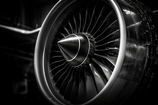 Close-up of a turbofan jet engine in modern airplane, Monochrome