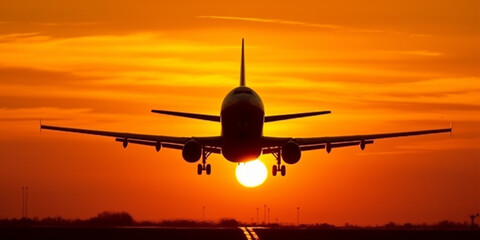 Fototapeta na wymiar Passenger plane landing at sunset. Generative AI 