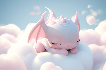 Super cute little baby dragon is sleeping on the clouds. Fantasy monster in the sky. Cartoon character. Fairy tale. Soft tones. 3d digital vector illustration for children