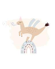 Illustration with a cute Birthday dinosaur in a simple hand drawn style.