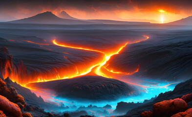 Landscape of an alien hot planet with rivers of fiery magma, beautiful view of a fictional planet, sci-fi background. Generative AI.