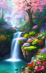 Fototapeta na wymiar Paradise land with beautiful gardens, waterfalls and flowers, magical idyllic background with many flowers in eden. Generative Ai.