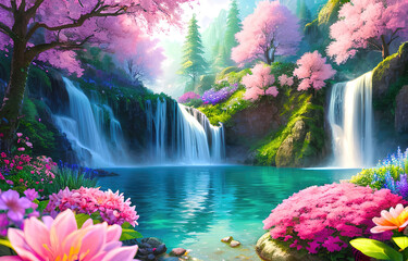 Paradise land with beautiful  gardens, waterfalls and flowers, magical idyllic background with many flowers in eden. Generative Ai. - obrazy, fototapety, plakaty