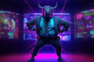 Trader business man suit with bull head sit at office background. Professional and financial concept. Generative ai.