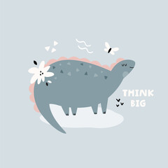 Funny illustration with dinosaur in a simple hand drawn style