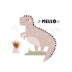 Funny illustration with dinosaur tyrannosaurus in a simple hand drawn style