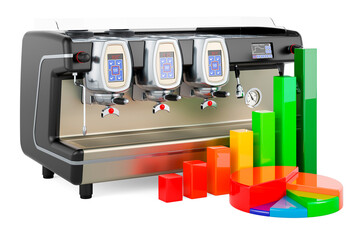 Espresso coffee machine professional with growth bar graph and pie chart, 3D rendering