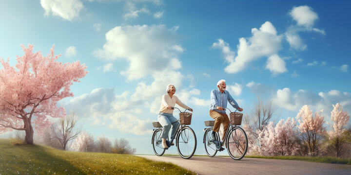 aktives Seniorenpaar fährt mit dem Fahrrad über die Wiese, generative KI	
