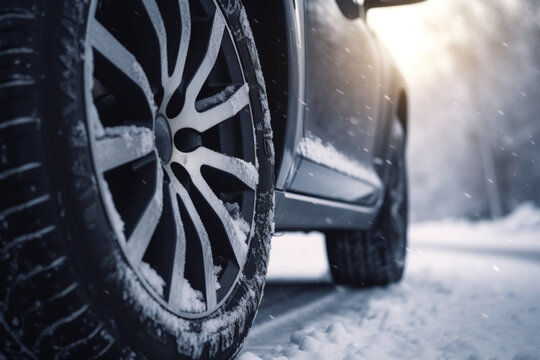 Close-up low angle shot of car tyre on a snowy road in winter,