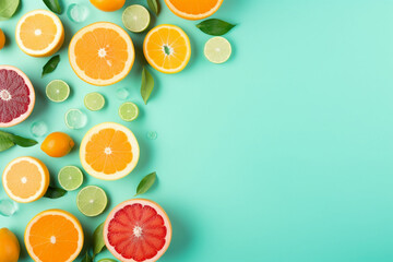 Citrus paradise concept, Top view of juicy oranges lemons limes and grapefruits on turquoise background with empty space for promotional text