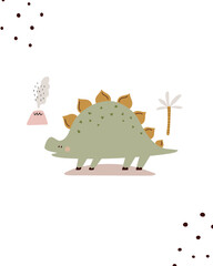 Funny illustration with dinosaur in a simple hand drawn style