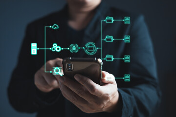 man touch screen to manage data,Document Management System (DMS),knowledge and documentation in enterprise with ERP.online documentation database and process automation to efficiently manage files.