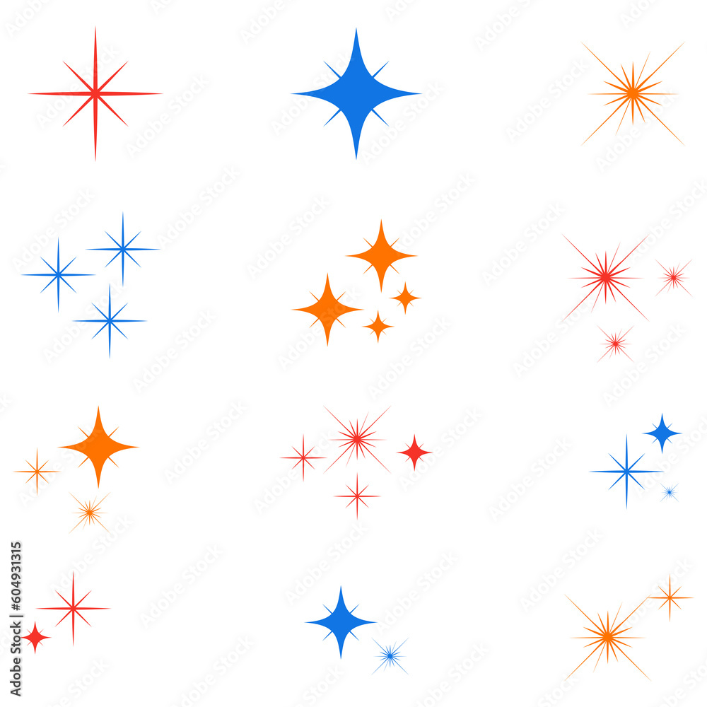 Poster sparkle stars. set of color glowing light effect sign. flashes starburst icon.