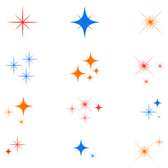 Fototapeta na wymiar Sparkle stars. Set of color glowing light effect sign. Flashes starburst icon.