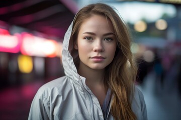 Lifestyle portrait photography of a glad girl in her 30s wearing a lightweight windbreaker against a busy street background. With generative AI technology