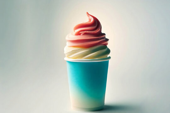 Gelato cremoso fragola e vaniglia rosa e bianco in coppetta bicchiere di plastica, generato dall'AI