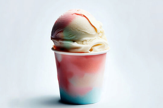 Gelato cremoso fragola e vaniglia rosa e bianco in coppetta bicchiere di plastica, generato dall'AI