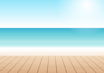 Summer or Tropical Beach Background
with Wooden Table. Vector Illustration. 