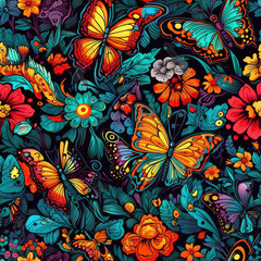 Fototapeta na wymiar Colorful butterflies and flowers psychedelic neon seamless repeat pattern [Generative AI]