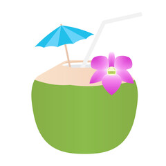 Coconut Juice or Coconut Water Drink, Fresh Green Coconut. Vector Illustration Isolated on White Background. 