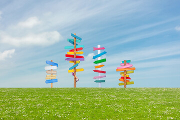 Colorful wooden direction arrow signs on wooden poles on a green meadow with blooming flowers and...