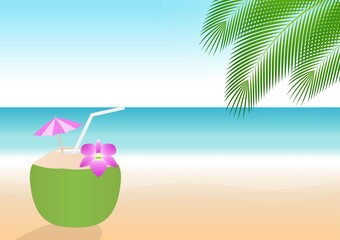 Fototapeta na wymiar Coconut Juice or Coconut Water Drink, Coconut Cocktail on Beach. Vector Illustration.