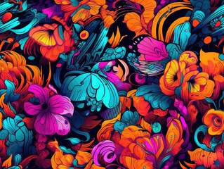 Colorful trippy mushrooms and flowers psychedelic neon seamless repeat pattern [Generative AI]