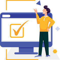 a little man stands near the monitor and smiles because the action is approved