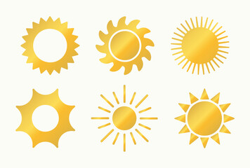 Set of sun icons gold, golden. Summer, sunset symbol. Vector illustration