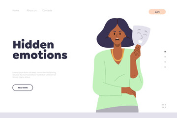 Landing page with hidden emotion concept and female character suppressing rage under happy mask