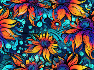 Fototapeta na wymiar Colorful flowers psychedelic neon seamless repeat pattern [Generative AI] 