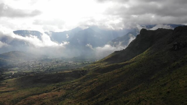 Aerial view of mountains and clouds, Karamoja, Uganda, Africa