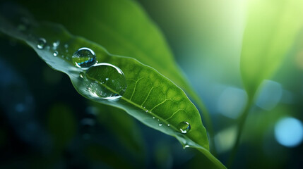 Green leaf with water droplets on the top