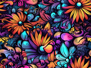 Fototapeta na wymiar Colorful flowers psychedelic neon seamless repeat pattern [Generative AI] 
