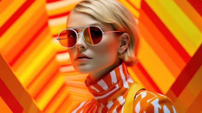 Fototapeta Young female model posing with trendy fashion outfit and colorful vibrant orange optical art abstract background. Picturesque generative AI