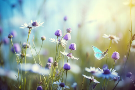 Beautiful wild flowers chamomile purple wild peas butterfly in morning haze in nature close-up macro, Landscape wide format copy space cool blue tones, Delightful pastoral airy artistic image,