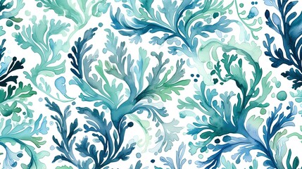 Seaweeds in turquoise, seamless summer seasonal pattern on white background. Generative Ai.