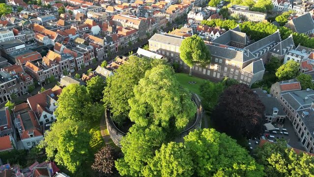 Aerial drone view on the fortress burcht in Leiden, the Netherlands