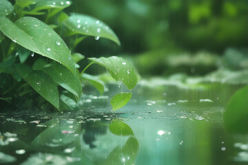Large drop water reflects environment. Nature spring photography. A drop of water on the leaves, macro shooting. Generative AI