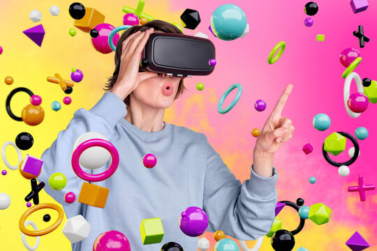 3d realistic web collage of shocked woman gamer in cyberspace use goggles choose avatar from cube circle bubble symbols