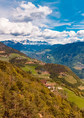 Alpine spring view with Mount Rosengarten seen from Mount Ritten, Oberbozen, Bozen, Dolomites, South Tyrol, Italy