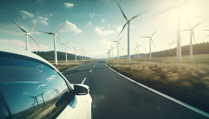 Eco-friendly transportation meets sustainable energy: Electric car drives through a wind turbine farm.