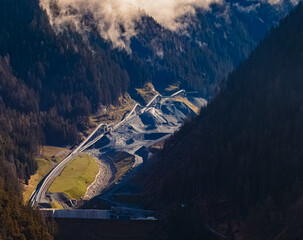 Alpine spring view with mining installations near Franzensfeste, Bozen, Dolomites, South Tyrol, Italy