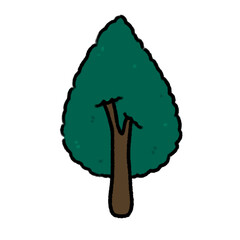 Hand-drawn Cute dark green coniferous tree, forest, object, Camping character design in doodle style