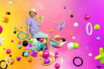 Obraz na płótnie Canvas 3d poster pop collage of funny young guy enjoy travel mystery world ride on math geometric futuristic symbols