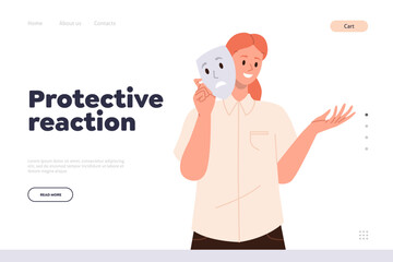 Protective reaction landing page with cartoon woman hiding happiness under sad social mask